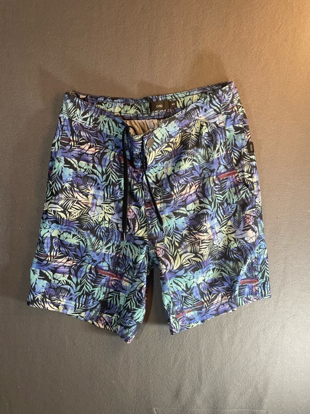 Onia Tropical Leaf Print Swim Shorts in Blue and Green